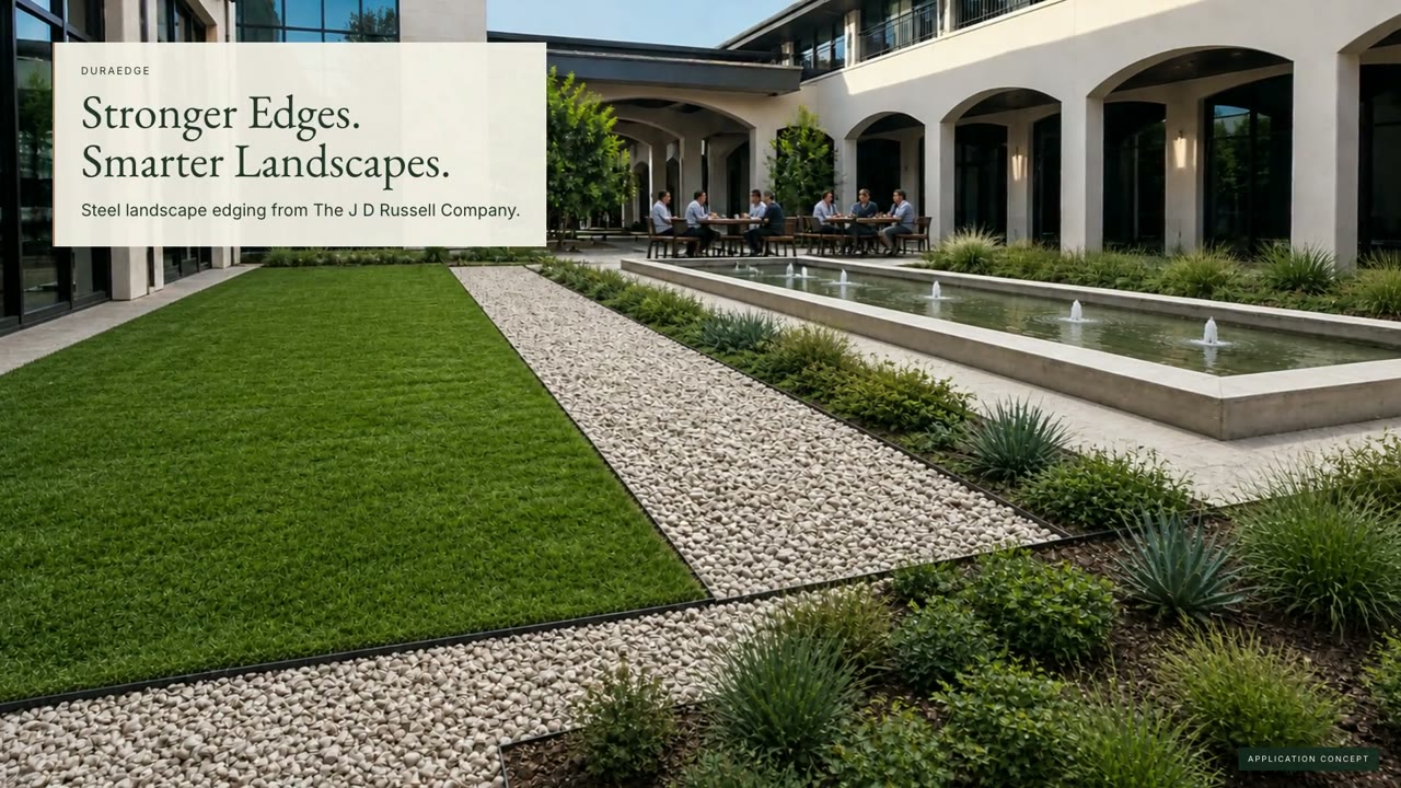 Steel edging between a lawn and a gravel path: Stronger Edges. Smarter Landscapes.